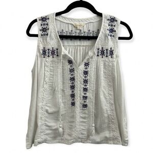 BOHO STYLE Lucky Brand White Embroidered Sleeveless Woven Peasant Blouse